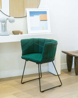 Bend Goods chair cushions are made from sunbrella fabric and work great for outdoor patio sets. Also available is leather and faux leather padding. Displayed in the image is our Blue and Green pad and throw pillow paired with a lounge chair.